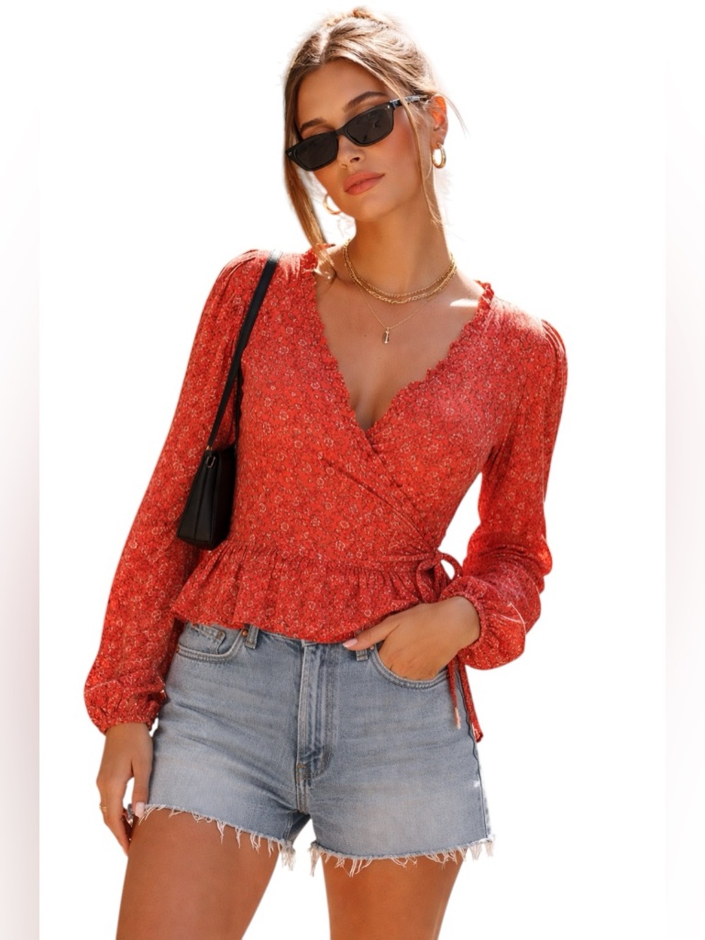 Universal Thread Red Floral Wrap Peplum Blouse Ruffle V-Neck‎ XS